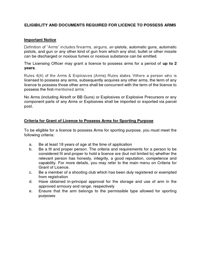 Possession of Arms Criteria and Docs Required PDF License