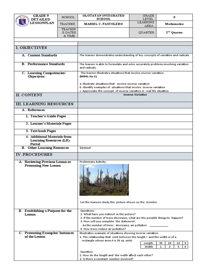 Inverse Variation Lesson Plan for Grade 9 | PDF | Learning | Speed