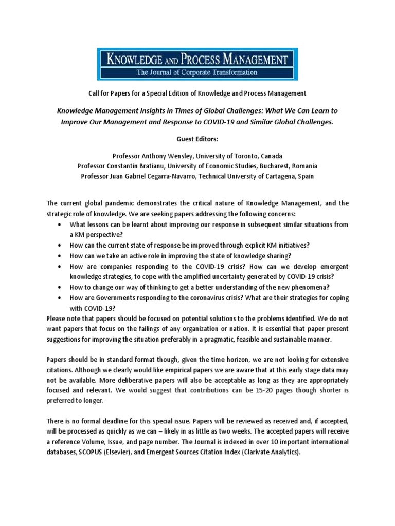 Call for Papers: KM Insights on COVID-19 | PDF | Knowledge Management ...