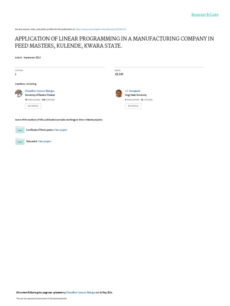 Application of Linear Programming in A Manufacturing Company in Feed ...