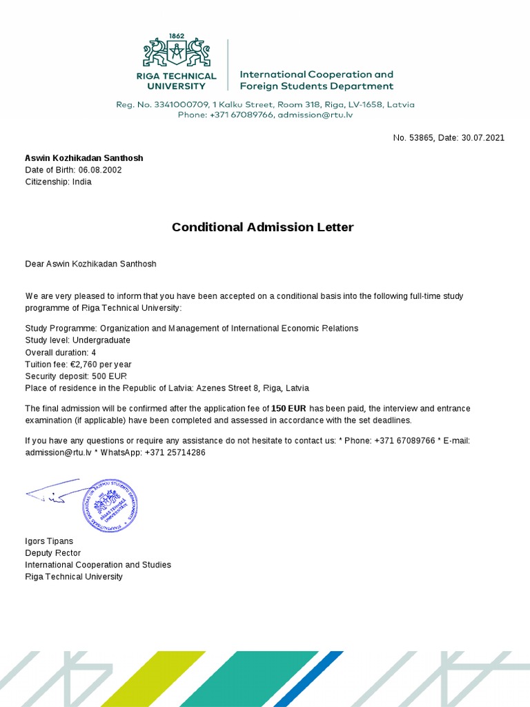 Conditional Admission to RTU Program | PDF
