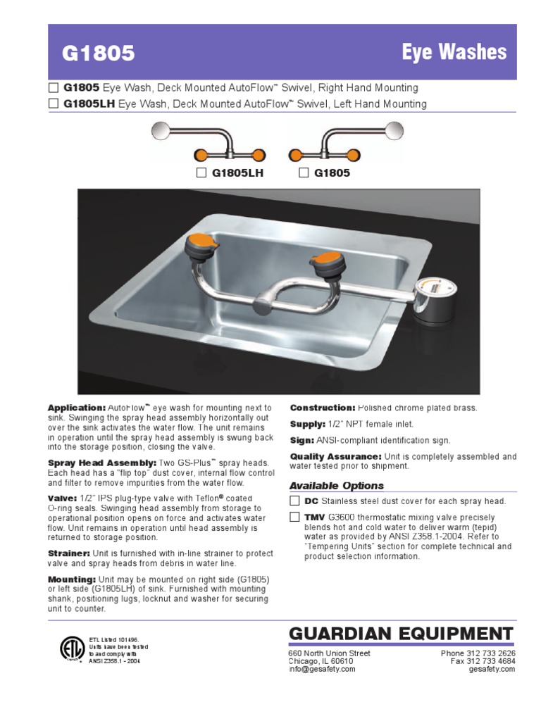 Eye Washes G1805 Guardian Equipment PDF Valve Manufactured Goods