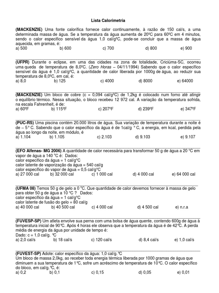 Lista de Exercícios de Calorimetria | PDF | Calorimetria | Calor