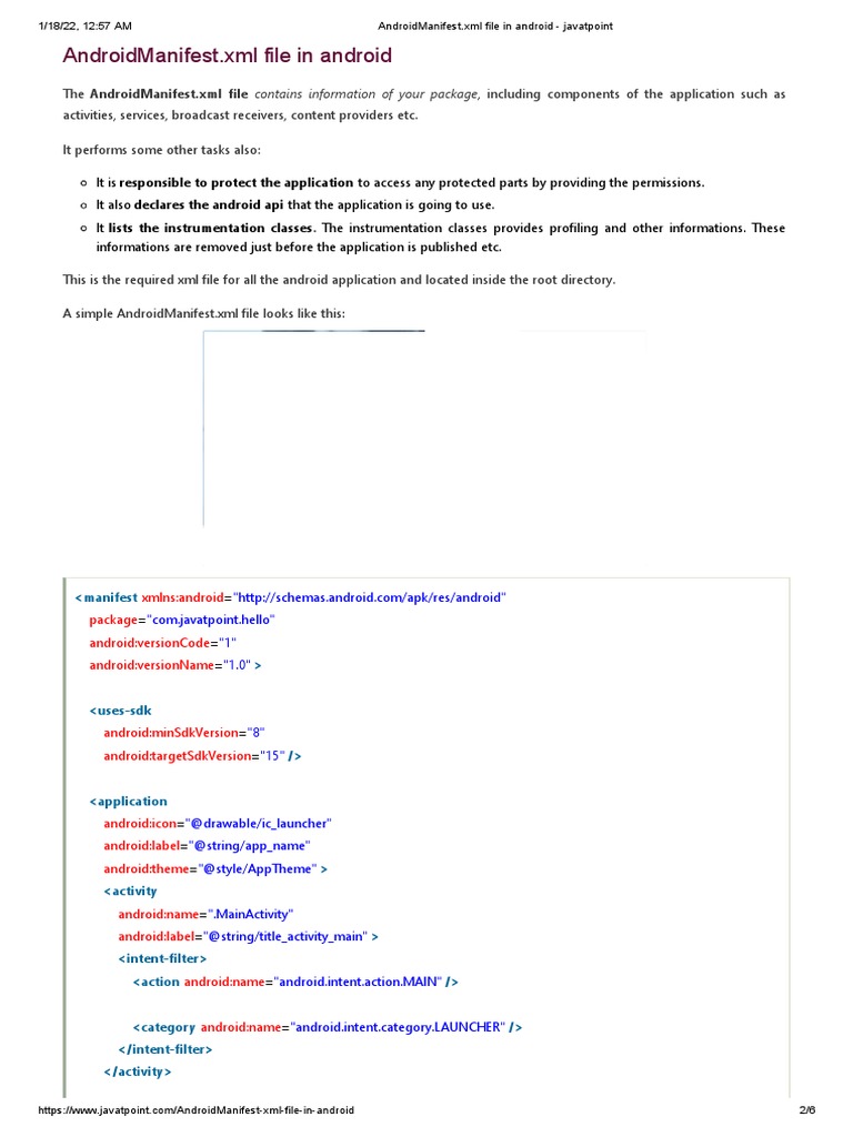 02AndroidManifest XML File in Android Javatpoint PDF Xml