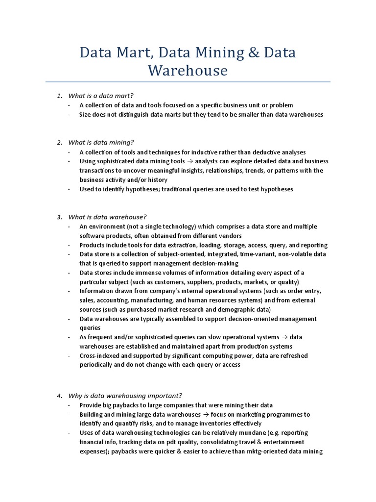 Data Mart, Mining & Warehouse Guide | PDF | Data Warehouse | Warehouse