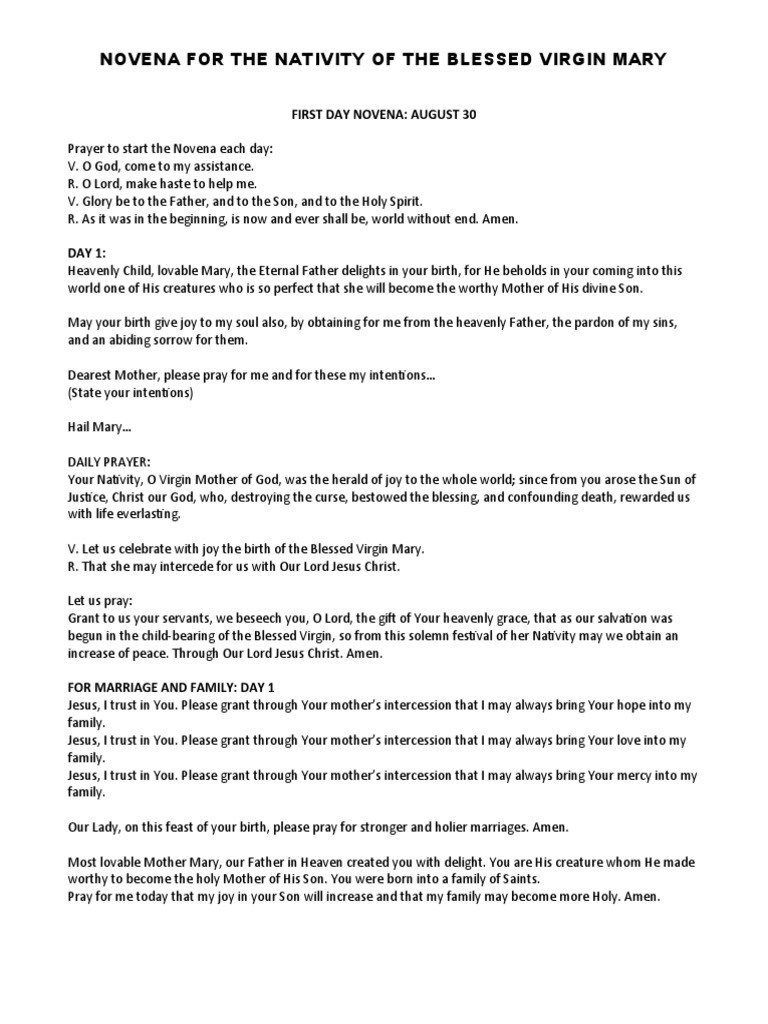 Novena For The Nativity of The Blessed Virgin Mary PDF Mary, Mother