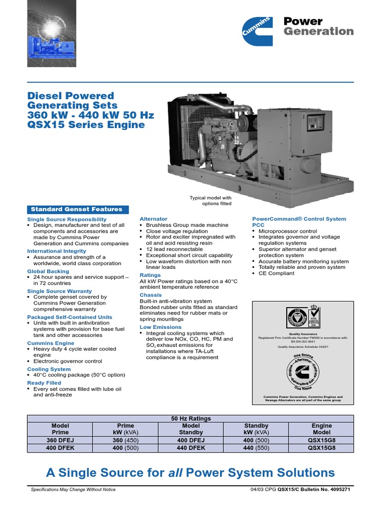 Diesel Powered Generating Sets 360 KW - 440 KW 50 HZ QSX15 Series ...
