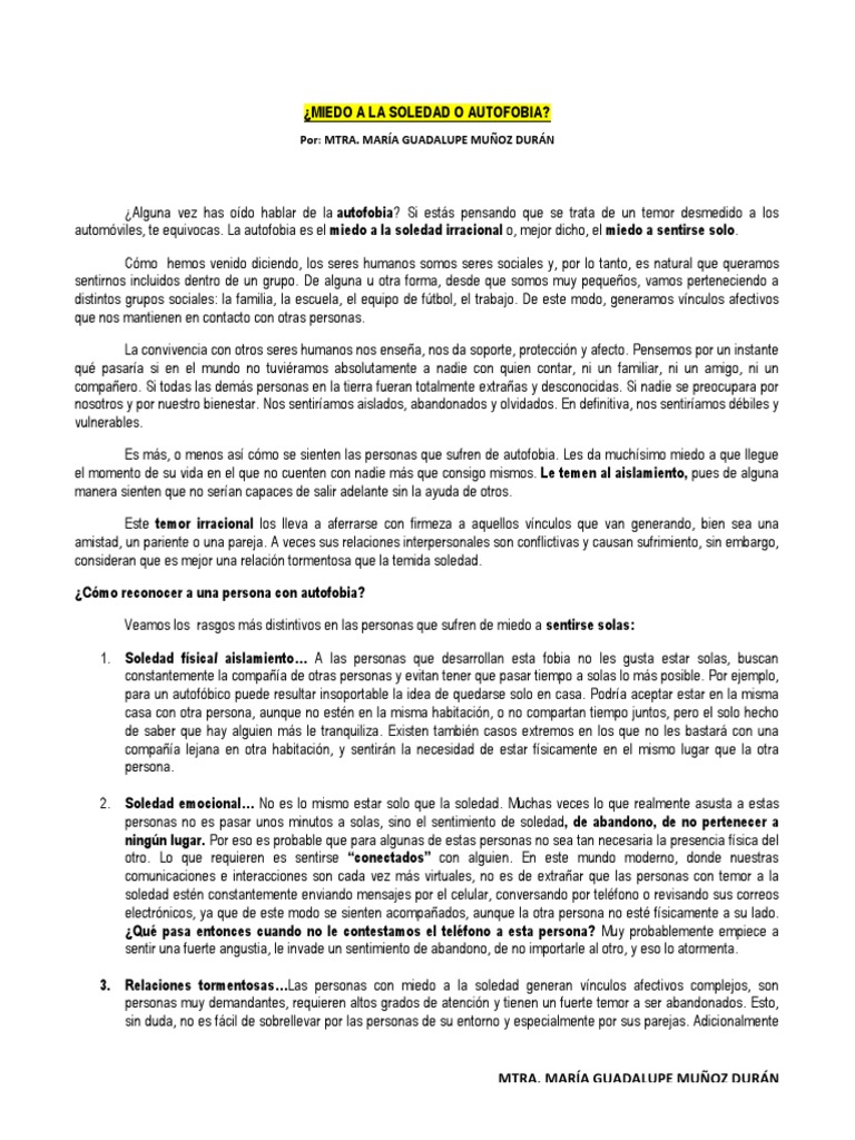 Autofobia: Miedo a la Soledad Explicado | PDF | Soledad | Temor