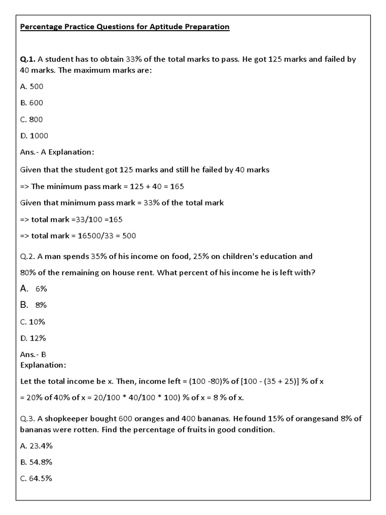 Percentage Aptitude Practice Questions | PDF | Percentage
