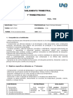 Planejamento trimestral de Física com conteúdos de termometria, dilatação térmica, calorimetria e gases