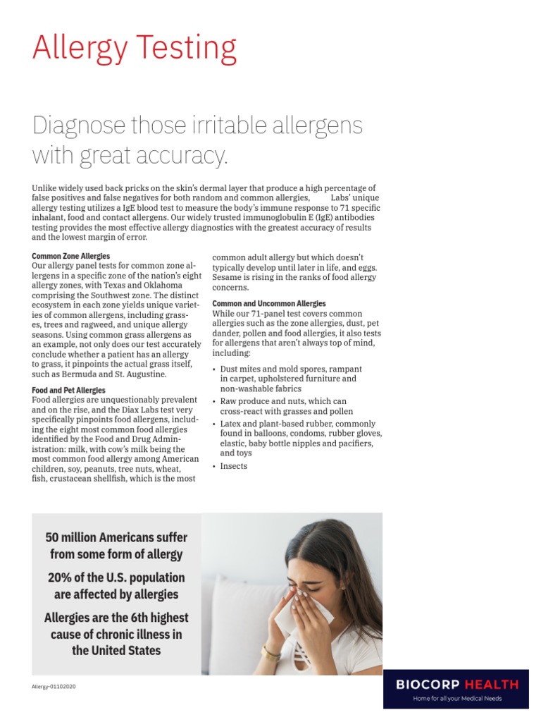 Allergy Testing Product Sheet 01-10-2020 | PDF | Allergy | Allergen