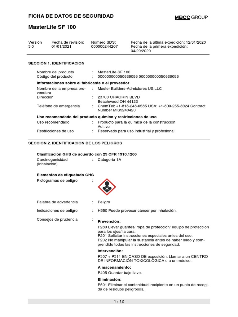 Masterlife SF 100 MSDS | PDF | Toxicidad | Agua