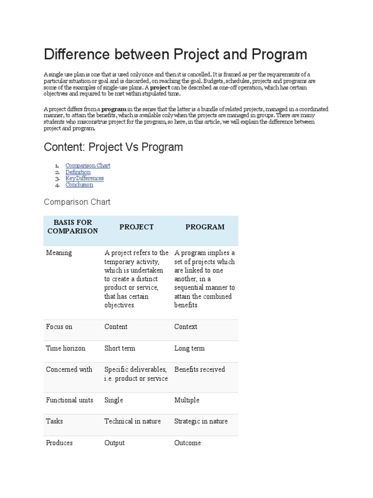 Understanding the Key Differences Between Projects and Programs | PDF ...