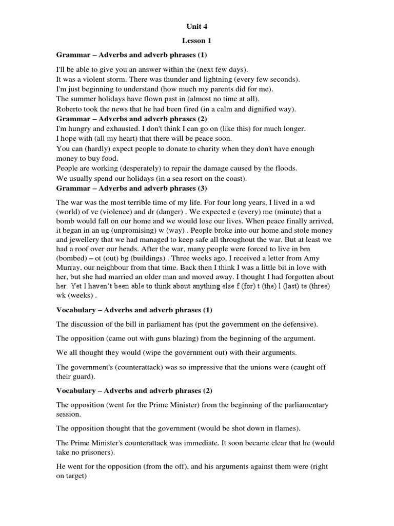 Unit 4 Lesson 1 Grammar - Adverbs and Adverb Phrases | PDF | Language ...