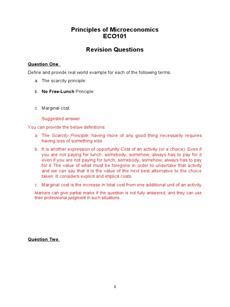 Principles of Microeconomics ECO101 Revision Questions: Question One ...