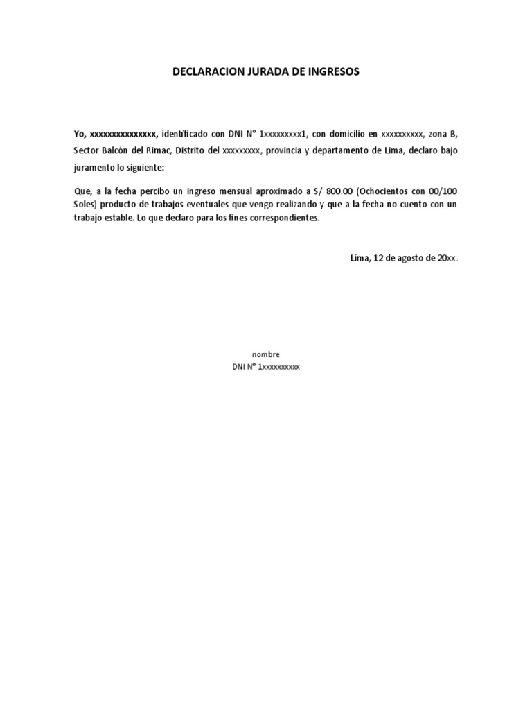 Modelo De Declaracion Jurada De Ingresos