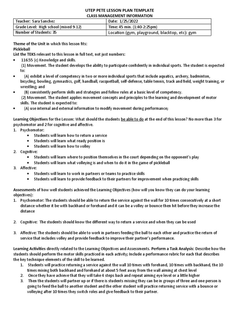 Pickleball Lesson Plan PDF Learning Lesson Plan