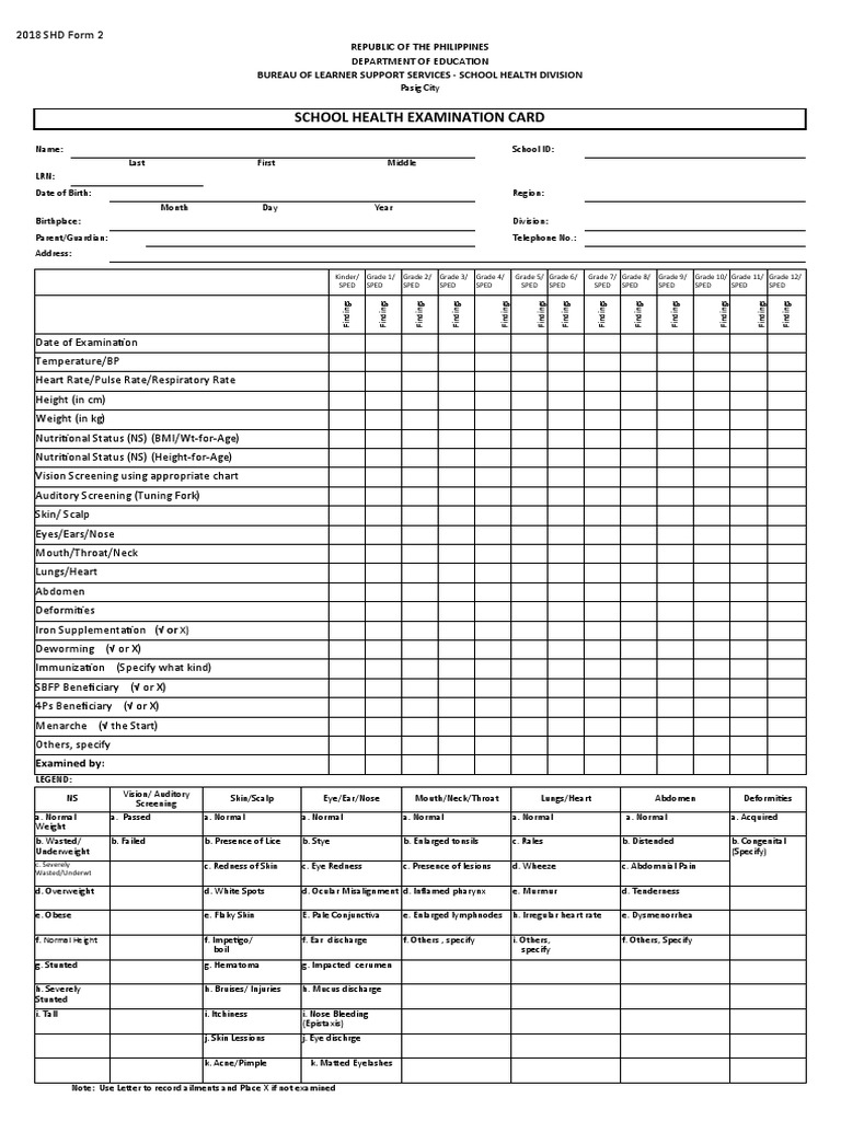 School Health Examination Card Republic of The Philippines Department