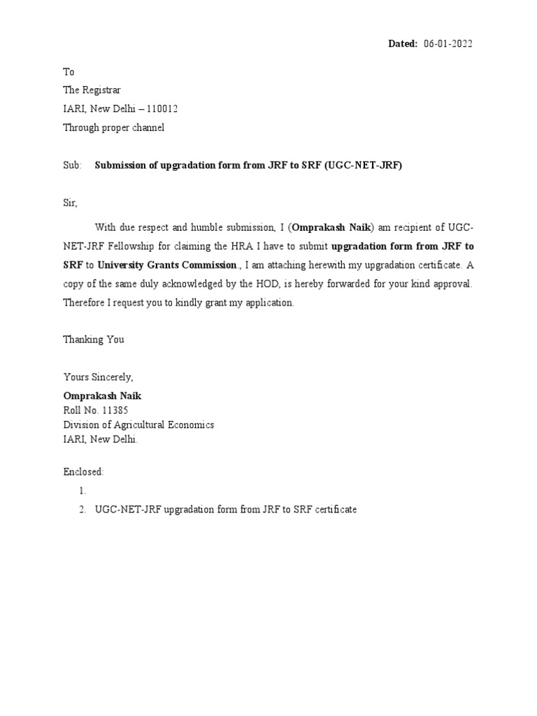 Cover Letter Ugc JRF To SRF Om | PDF