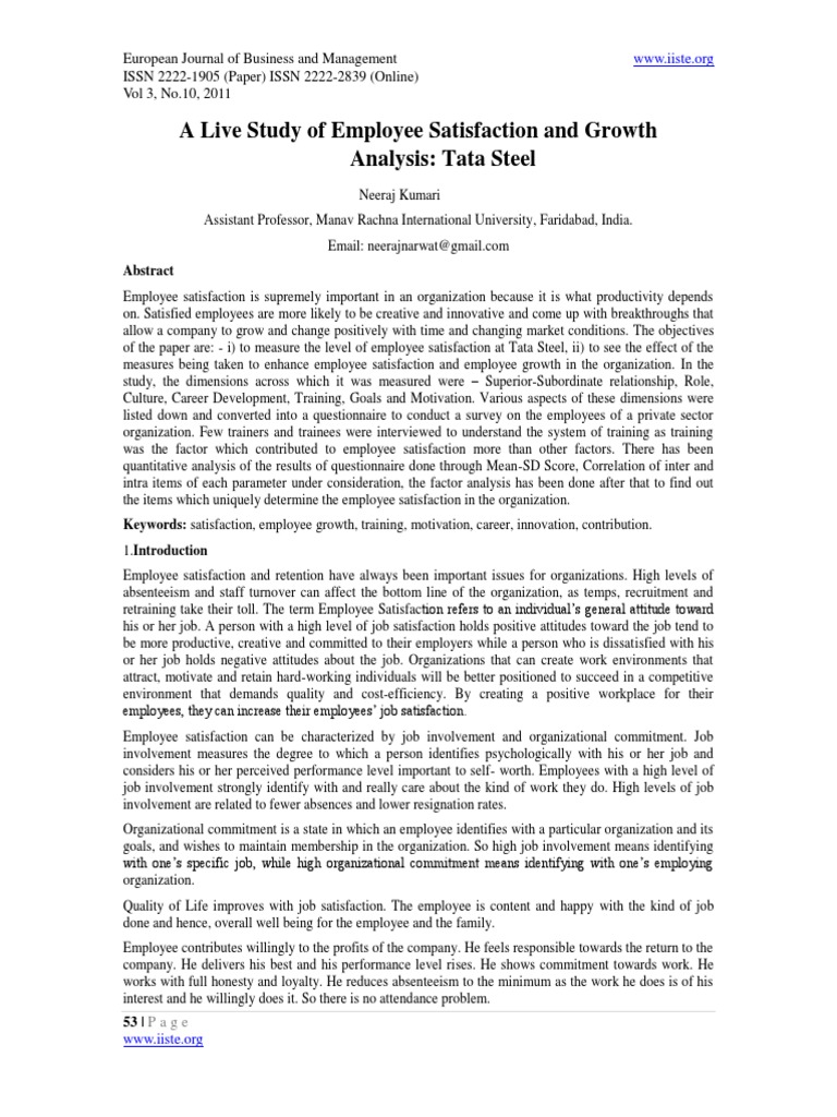 A Live Study of Employee Satisfaction and Growth Analysis: Tata Steel ...