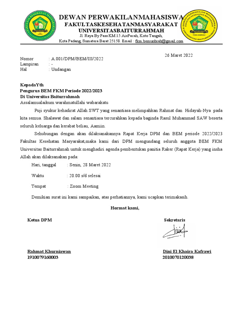 Surat Undangan Panitia Raker | PDF