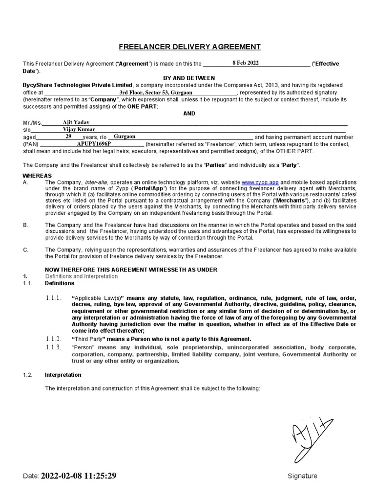 Freelancer Delivery Agreement: Definitions and Interpretation | PDF ...