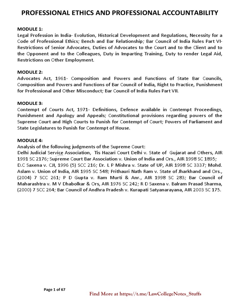 Professional Ethics Notes By Sdfs Pdf Advocate Lawyer
