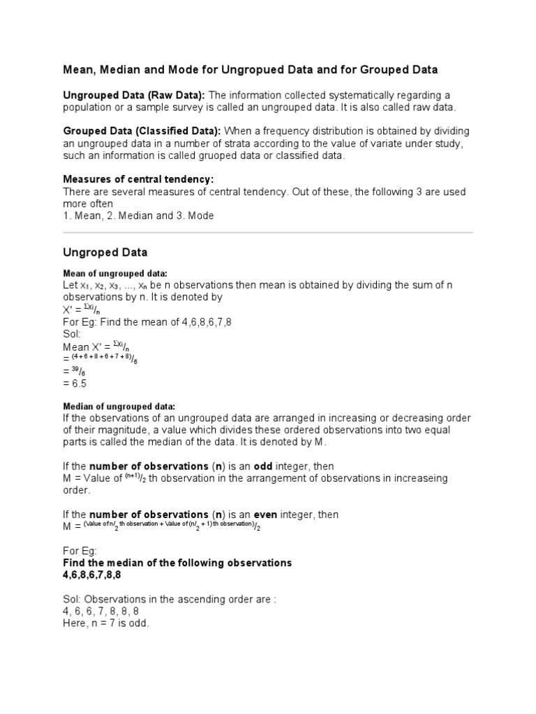 Mean, Median and Mode For Ungropued Data and For Grouped Data | PDF ...