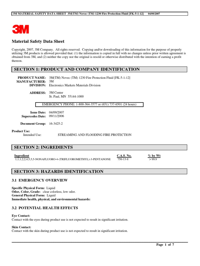 Novec 1230 Msds Pdf Volatile Organic Compound Safety