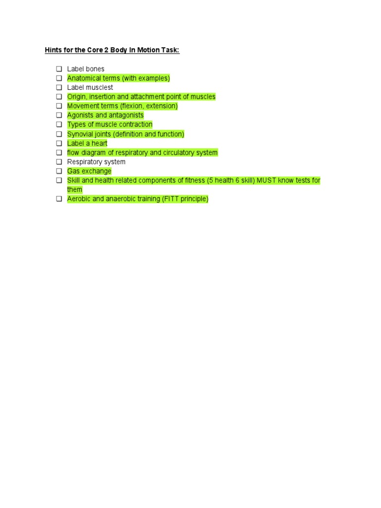 Core 2 Body in Motion Task Hint Sheet | PDF