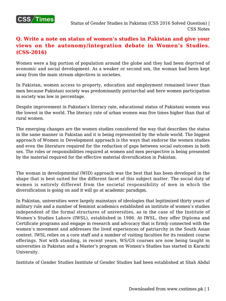 Status of Gender Studies in Pakistan (CSS 2016 Solved Question) - CSS ...