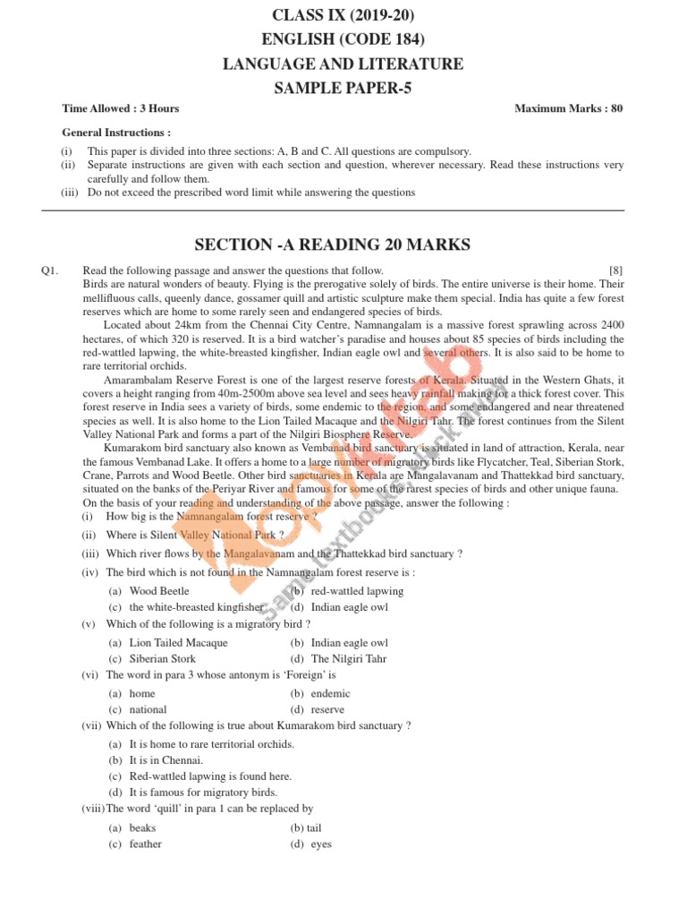 Section A Reading 20 Marks CLASS IX 2019 20 English Code 184