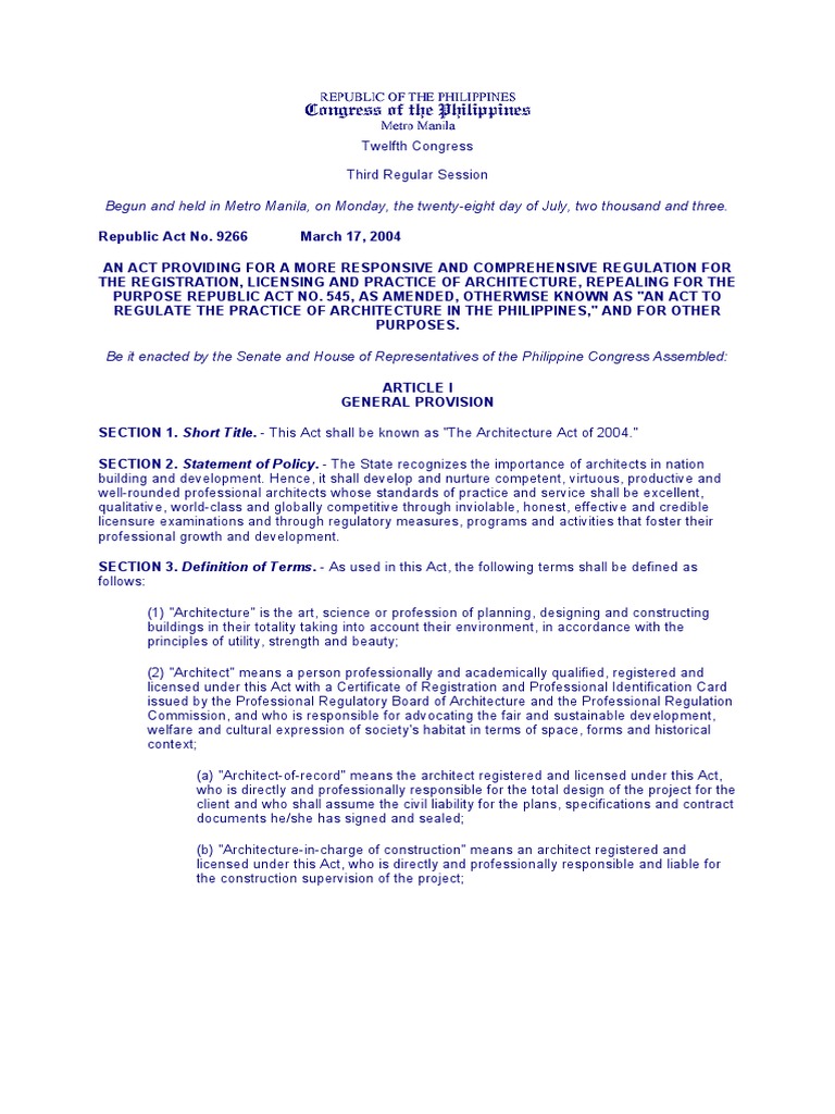Architecture Act of 2004 Overview | PDF | Licensure | Architect
