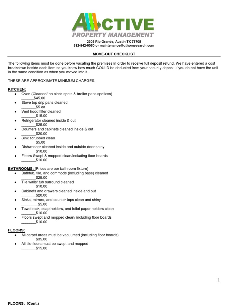APM Move Out Checklist With Charge Estimates | PDF | Bathroom | Lease