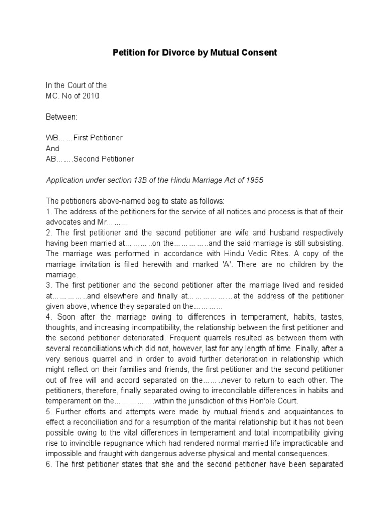 Mutual Consent Divorce Petition Format | PDF | Divorce | Marriage