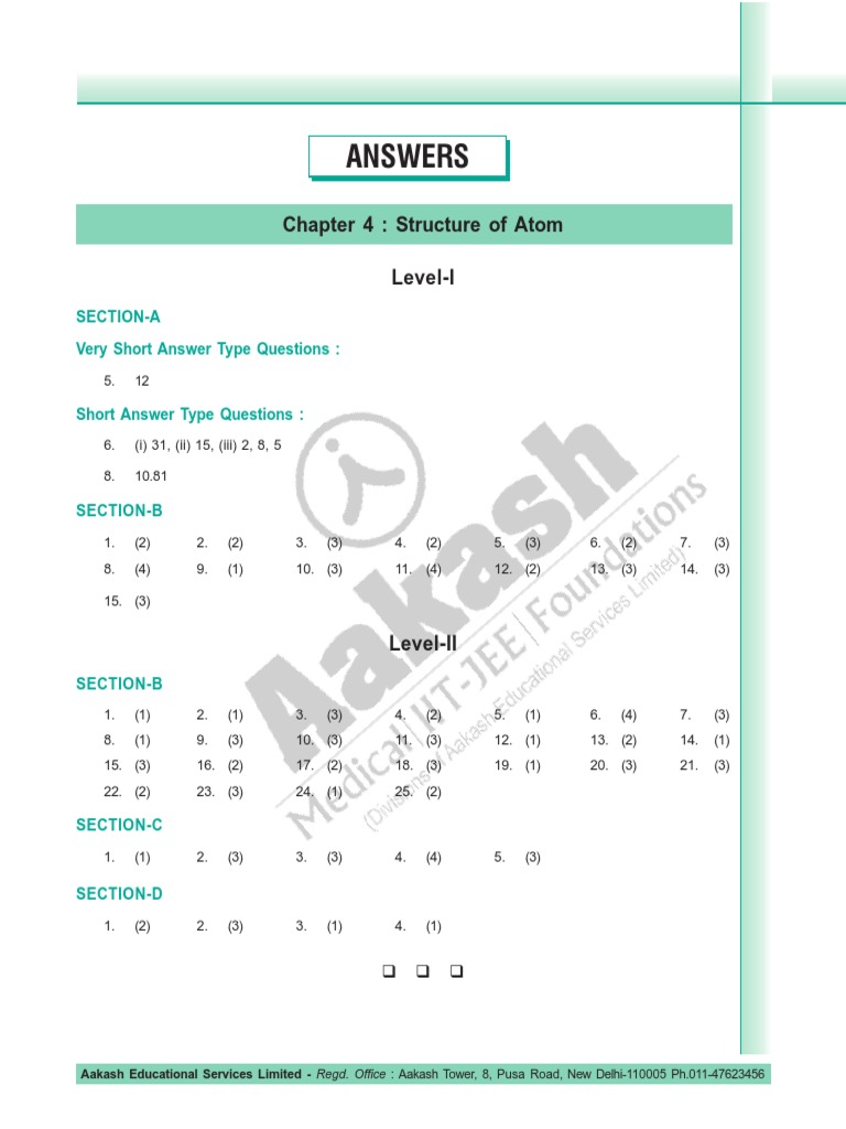 Structure of The Atom 9 Answer Key Aakash PDF