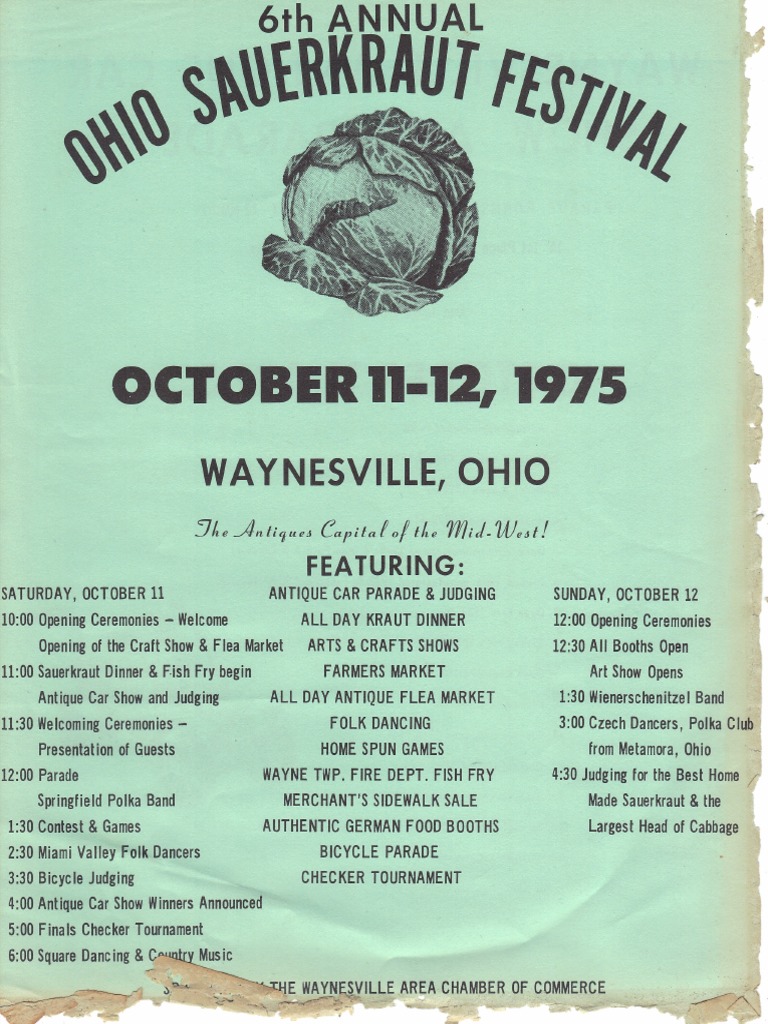 6th Annual Ohio Sauerkraut Festival / Antique Car Show 1975 Waynesville, OH Flyer PDF