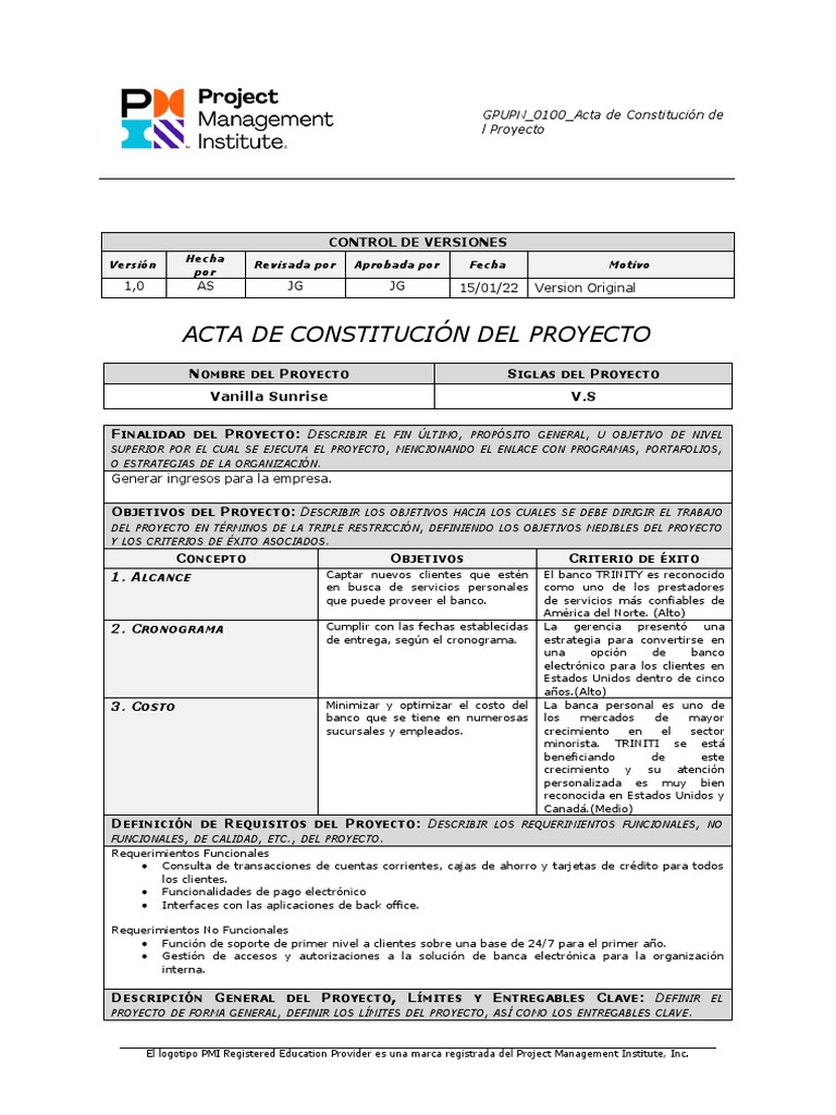 Acta de Constitución del Proyecto Vanilla Sunrise | PDF | Bancos ...