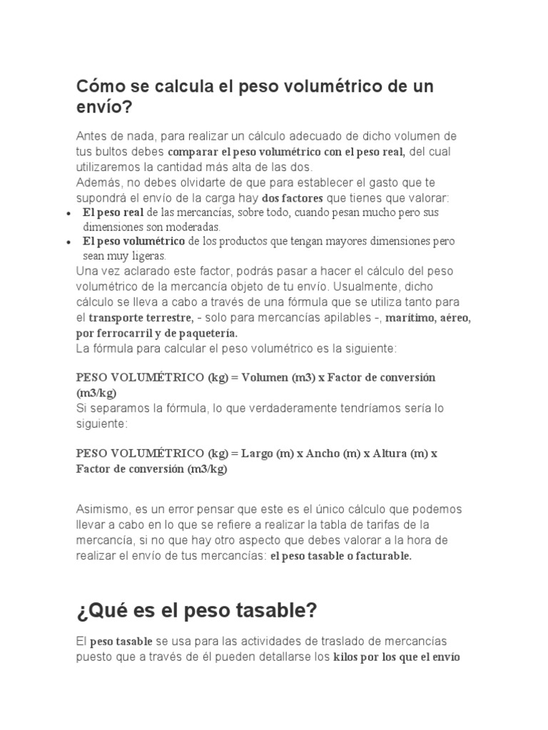 Cómo Se Calcula El Peso Volumétrico de Un Envío PDF Kilogramo