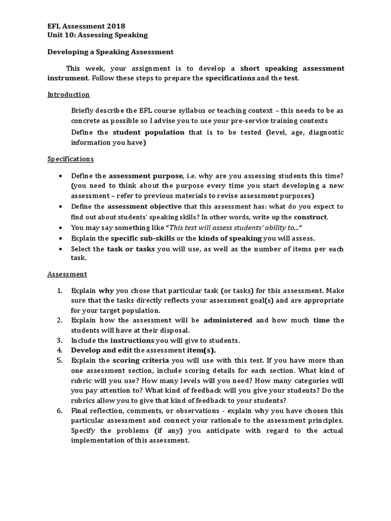 EFL Assessment 2018 Unit 10: Assessing Speaking Developing A Speaking ...