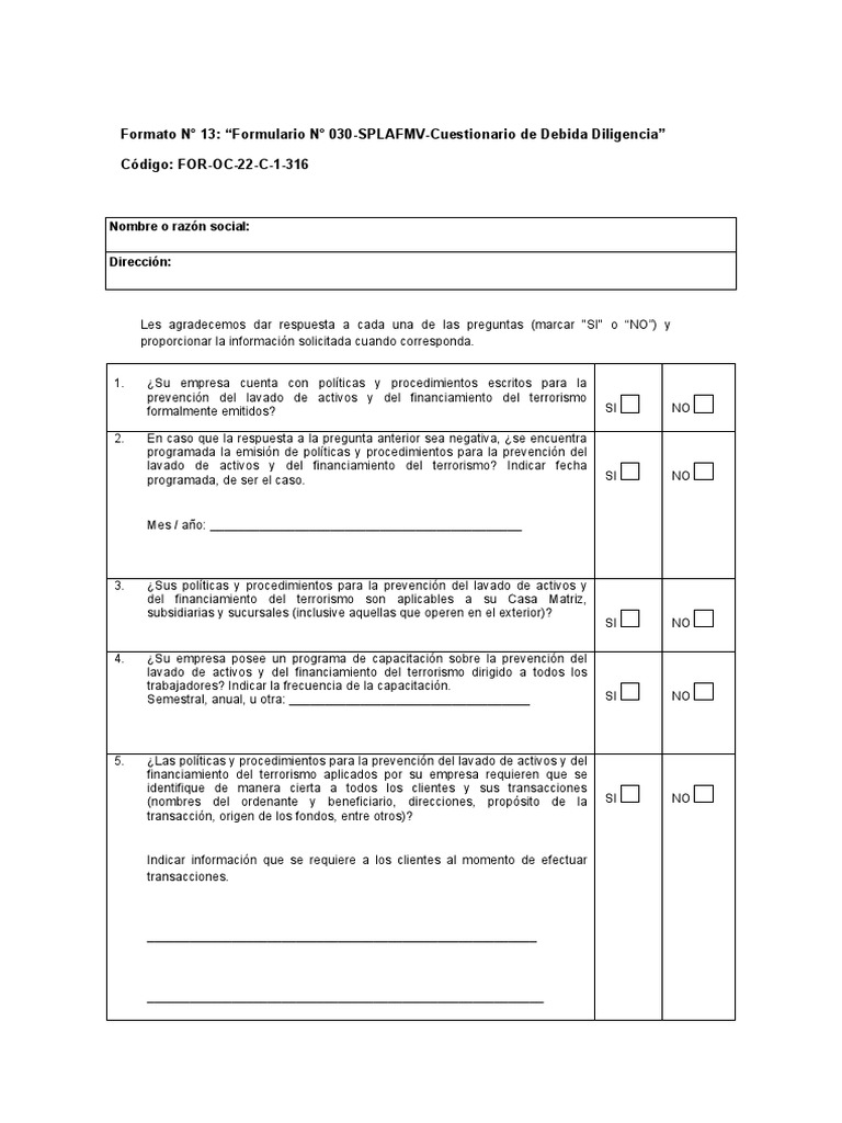 Formulario N°030-SPLAFM - Cuestionario de Debida Diligencia | PDF