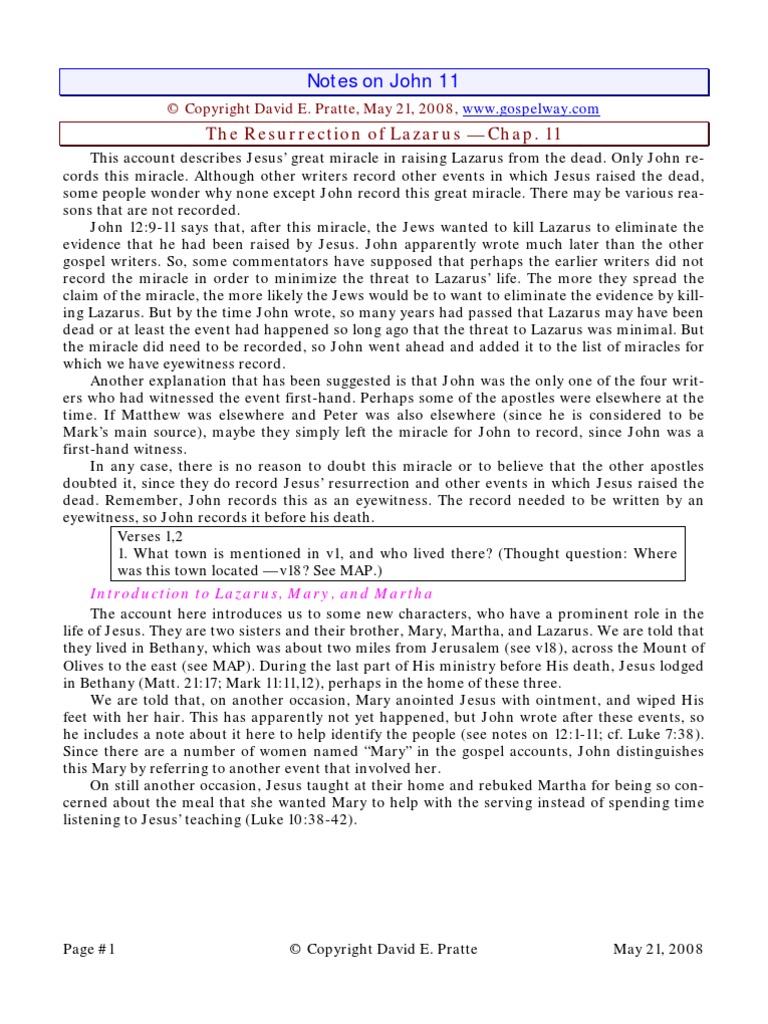 Notes On John 11: The Resurrection of Lazarus - Chap. 11 | PDF | Gospel ...