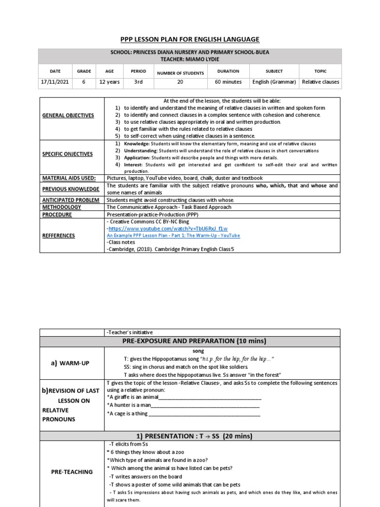 PPP Lesson Plan: Relative Clauses | PDF | Language Arts & Discipline ...