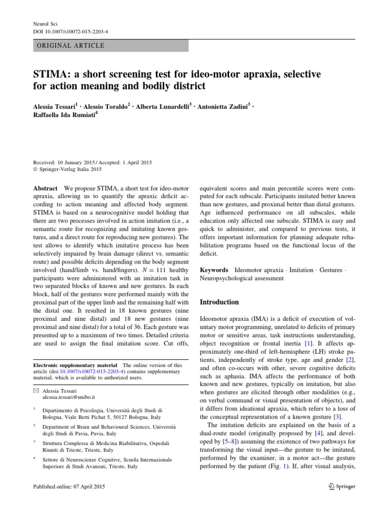 STIMA: A Short Screening Test For Ideo-Motor Apraxia, Selective For ...
