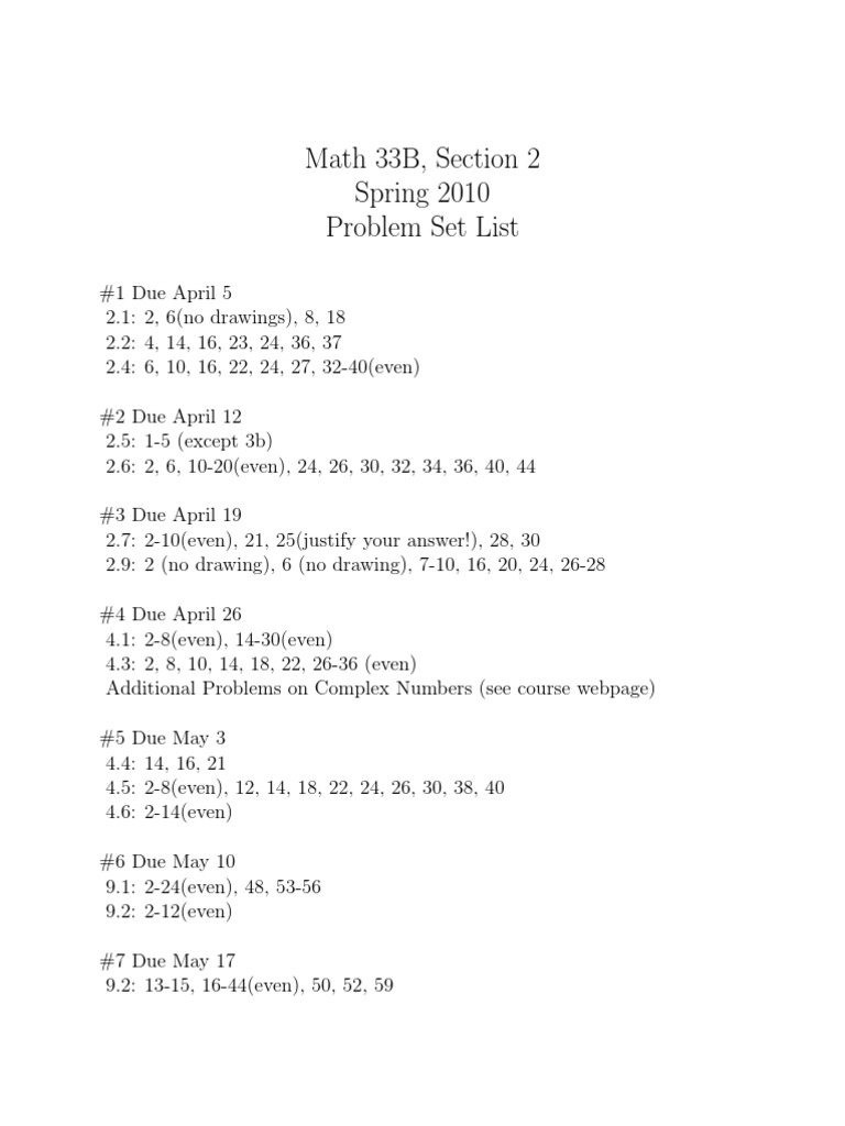 Math 33B, Section 2 Spring 2010 Problem Set List | PDF
