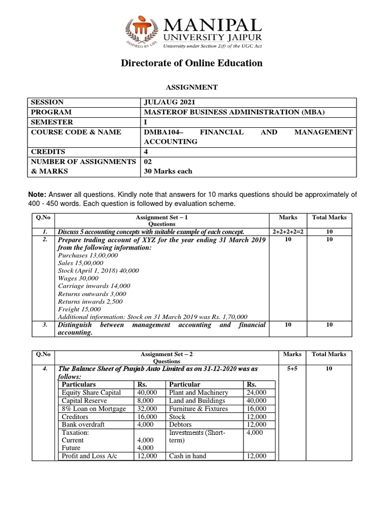MBA Financial and Management Accounting Assignment | PDF | Investing ...