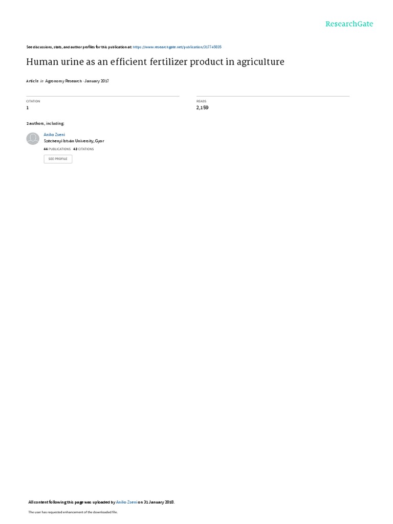 Human Urine As An Efficient Fertilizer Product In Agriculture Pdf