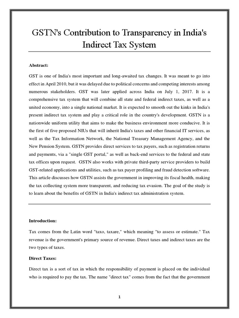 GSTN's Contribution To Transparency in India's Indirect Tax System PDF Taxes Value Added Tax