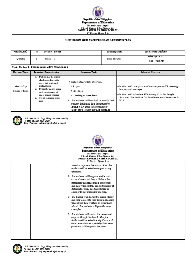 Homeroom Guidance Learning Plan Grade 10 | PDF | Learning | Communication