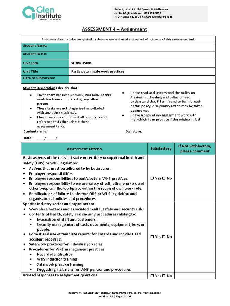 ASSESSMENT 4 SITXWHS001 Participate in Safe Work Practices PDF